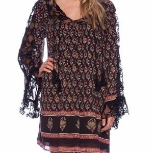Free people nomad child boho dress lace tunic roses black bohemian sz S petite